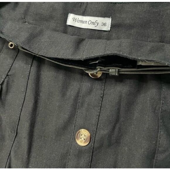 Black Linen Polyester Belted Skirt with Pockets Button Front Skirt - Picture 3 of 5